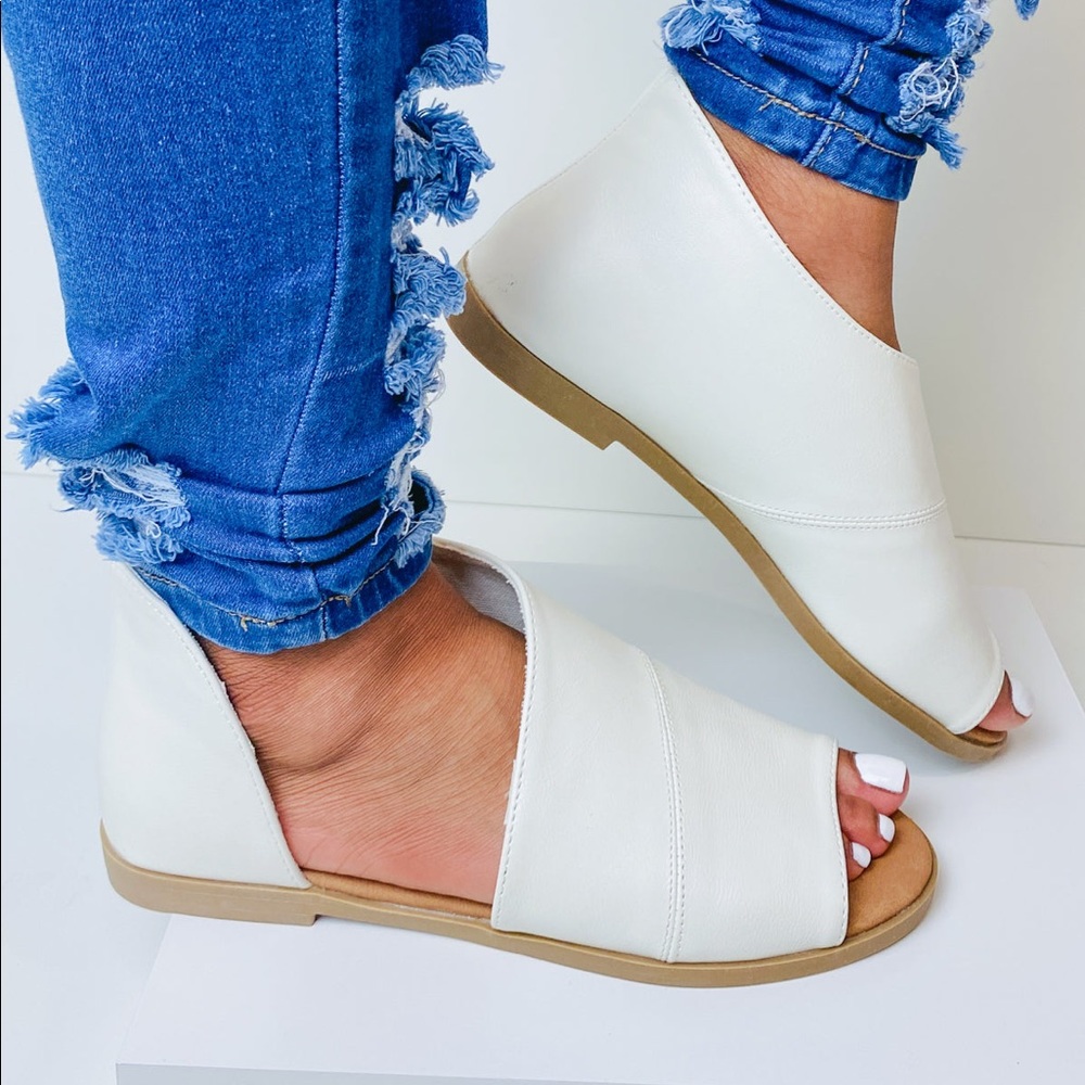 "Megan" White Side Cut Wrap Open Toe Flat Sandal